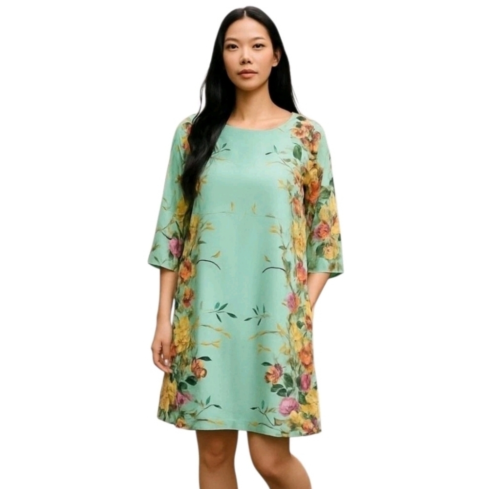 𝅺lovely Day Green Floral Pullover Bow Back Long Sleeve Mini Dress Size Small